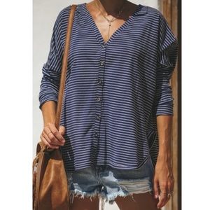 BNDI Pinstripes Pattern V-Neck Long Sleeve Curved Hem Loose Navy Shirt Size L